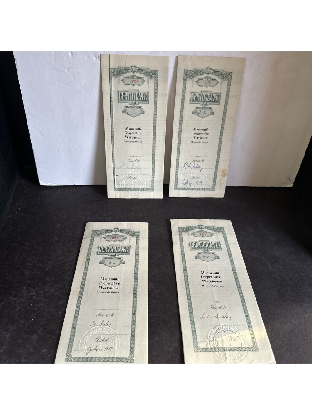 4 Vintage Monmouth Oregon Cooperative Warehouse Stock Certificates 1948-1957